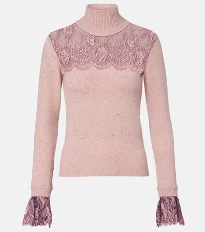 Valentino Lace-trimmed Wool-blend Sweater In Pink