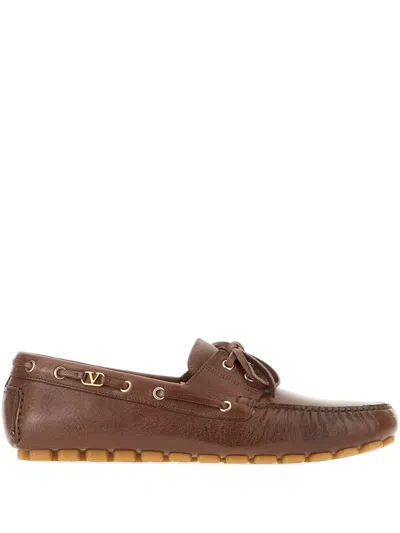 Valentino Garavani Brown Leather Moccasin Driver Fantaway In Animal Print