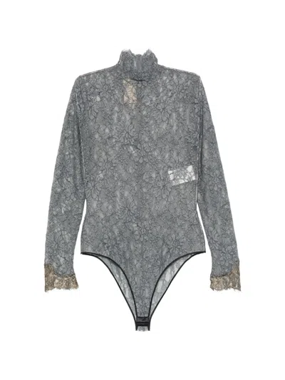 Valentino Lace-detail Long-sleeve Bodysuit In Gray
