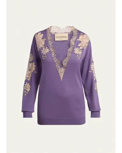 Valentino Lace-inset Plunging Wool Sweater In Purple
