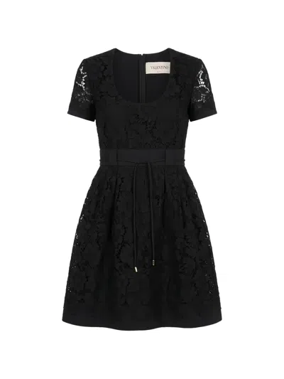 Valentino Lace-overlay Belted Dress In Black