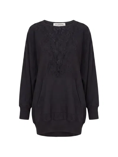 Valentino Lace-panelled Drop-shoulder Sweatshirt In Black