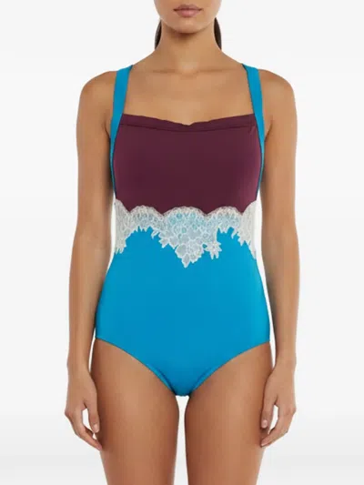 Pre-owned Valentino Lace-trim Colorblock Swimsuit In Blue