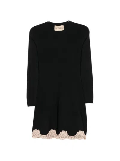 Valentino Mini Dress Round Neck Floral Lace Trim In Black