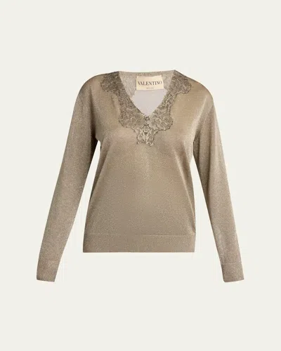 Valentino Lace-trim Metallic Knit V-neck Sweater In Gold