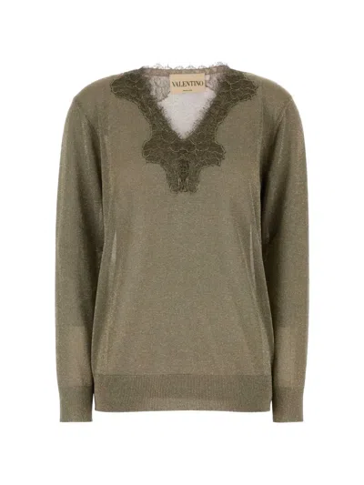 Valentino Lace-trim Metallic-effect Sweater In Green