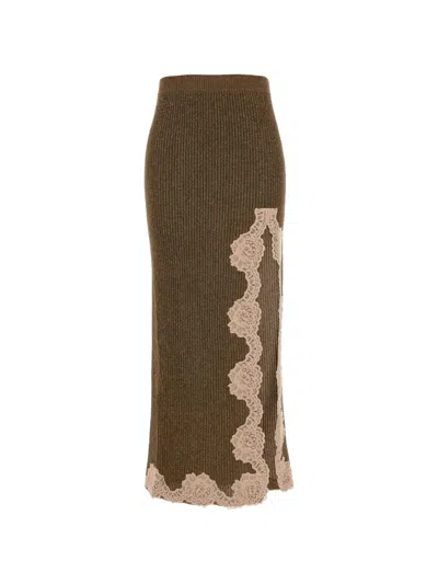 Valentino Lace-trim Ribbed-knit Midi Skirt In Brown