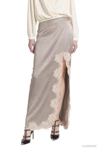 Valentino Lace-trim Slit Maxi Skirt In Neutral