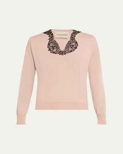 Valentino Lace-trim V-neck Cashmere Sweater In Poudre