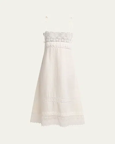 Valentino Ivory Linen Midi Dress With Sangallo Embroidery In White