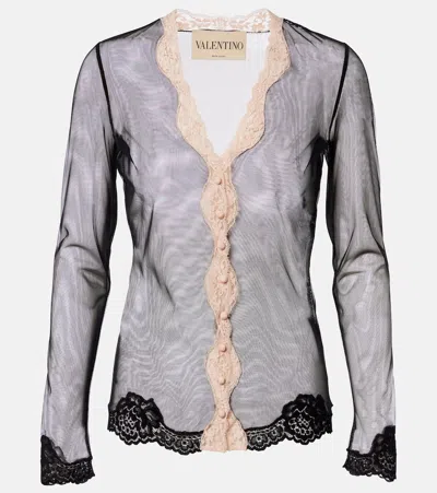 Valentino Lace-trimmed Sheer Mesh Shirt In Black