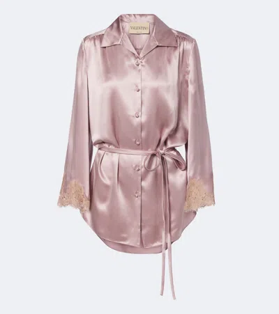 Valentino Lace-trimmed Silk Satin Shirt In Pink