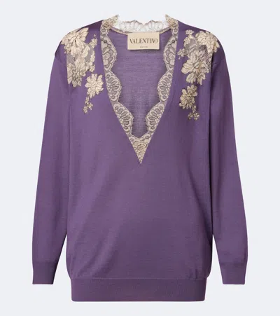 Valentino Lace-trimmed Virgin Wool Sweater In Purple