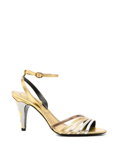 Pre-owned Valentino Garavani Ladycrush Embellished Leather Heeled Sandals In Gold
