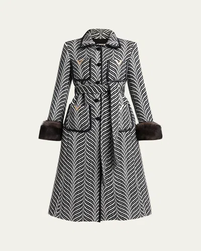 Valentino Lamb Shearling Cuff Belted Herringbone Coat In Black
