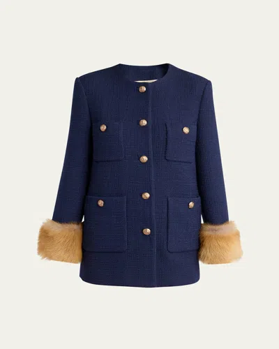 Valentino Lamb Shearling Cuffs Tweed Single-breasted Jacket In Blue