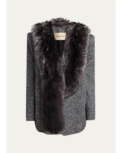 Valentino Lamb Shearling Wool Herringbone Coat In Gray