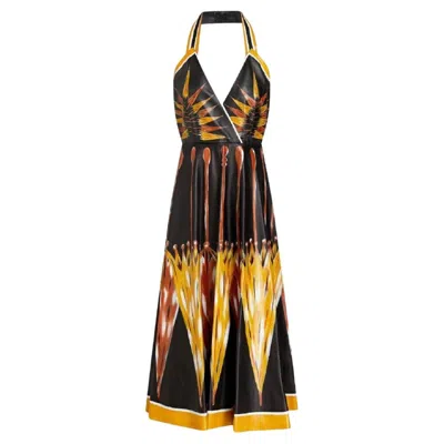 Pre-owned Valentino Lambskin Leather Umbrella Print Halter Cutout Midi Dress Italian 42 In Black