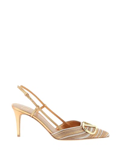Valentino Garavani Vlogo Signature Metallic Slingback Pumps With Cornely Embroidery 80mm Woman Gold In Brown