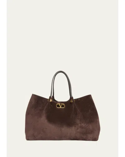 Valentino Garavani Large Rockstud Suede Shopping Tote Bag In Brown