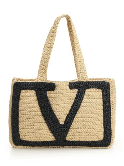 VALENTINO GARAVANI LARGE TOTE | VIVA SUPERSTAR CROCHET | CROCHET RAFIA HANDBAGS BEIGE