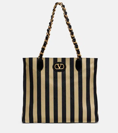 Valentino Garavani Laseine Large Striped Tote Bag In Black