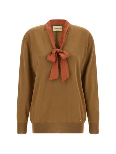Valentino Wool V-neck With Contrast Bow Sweater In Brown