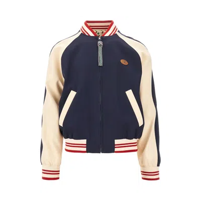 Valentino Wool And Cotton Bomber Jacket With Vlogo And Chat De La Maison Patch In Blue