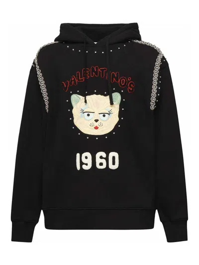 Valentino Cotton Hooded Sweatshirt With Le Chat De La Maison Patch In Black