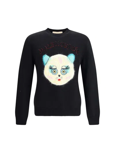 Valentino Wool Cotton Chat De La Maison Sweater In Black
