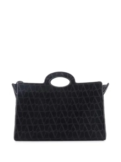 Pre-owned Valentino Garavani Le Troisieme Toile Iconograph Fabric Medium Tote Bag In Black