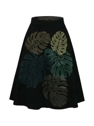 Valentino Leaf-patchwork A-line Skirt In Black