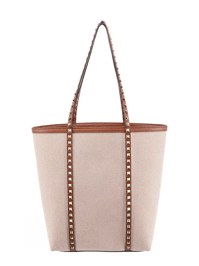 VALENTINO GARAVANI LEATHER AND CANVAS SHOULDER BAG WITH ICONIC STUDS