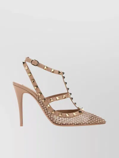 Valentino Garavani Leather And Mesh Rockstud Pumps In Star Gold