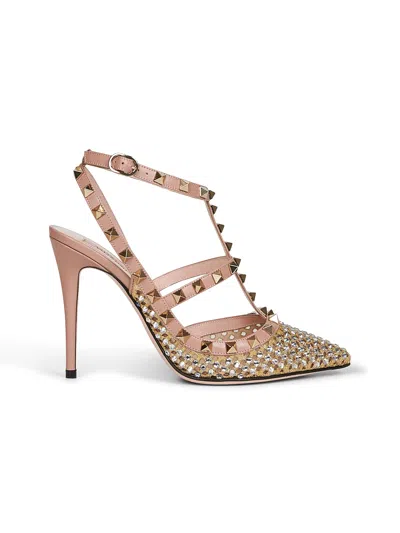 Valentino Garavani Leather And Rhinestones Mesh Rockstud Slingback Pumps