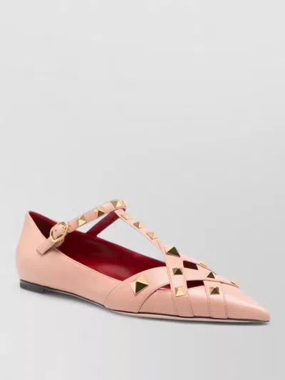 Valentino Garavani Leather Ballet Flats Pointed Toe Straps Studs In Pink