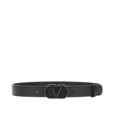 Valentino Garavani Leather Belt With Vlogo Signature Buckle In Black