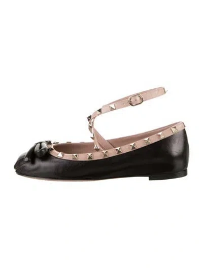 Pre-owned Valentino Garavani Leather Bow Accents Ballet Flats In Black