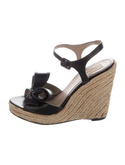 Pre-owned Valentino Garavani Leather Bow Accents Espadrilles In Black