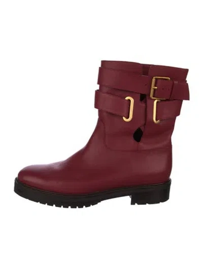 Pre-owned Valentino Garavani Leather Bow Accents Moto Boots In Red