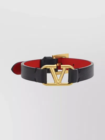 Valentino Garavani Leather Bracelet Adjustable Gold Buckle In Black