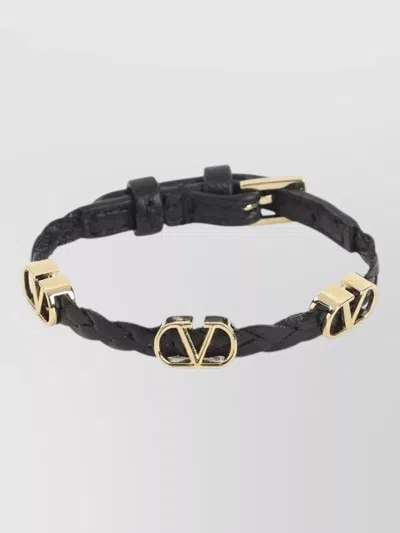 Valentino Garavani Leather Bracelet Braided Design Gold Tone Hardware In Black