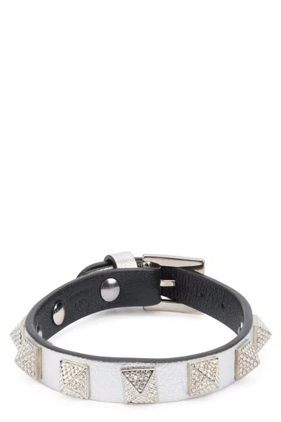 Valentino Garavani Leather Bracelet In Silver