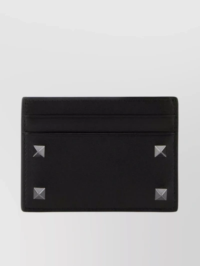 Valentino Garavani Leather Card Holder Adorned With Rockstud Studs In Black