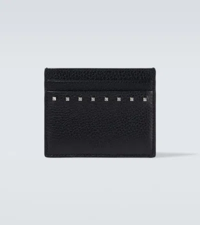 Valentino Garavani Leather Card Holder With Textured Finish And Studded Design In Black