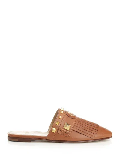 Valentino Garavani Leather Clog With Fringes Sandals Brown