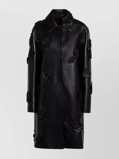 VALENTINO LEATHER COAT FLORAL APPLIQUÉ LONG LENGTH