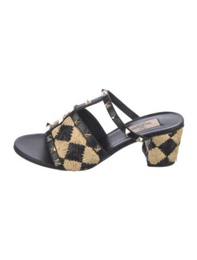 Pre-owned Valentino Garavani Leather Colorblock Pattern Mules In Blue