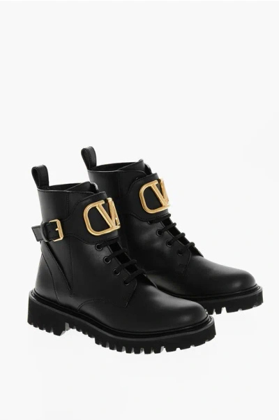 Valentino Garavani Leather Combat Booties With Logoed Strap In Black