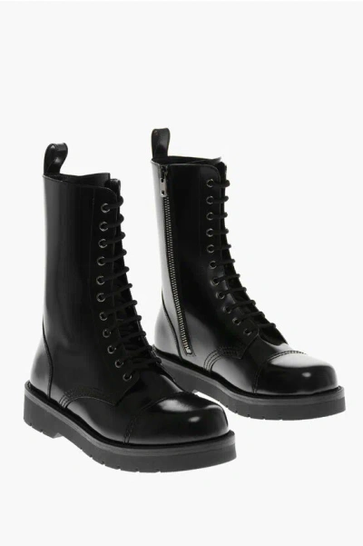 Valentino Garavani Leather Combat Boots With Zip And Rear Embossed Logo In Black